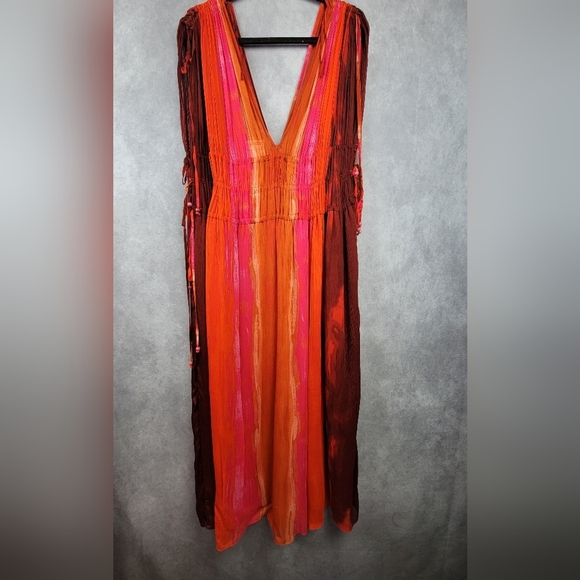 Zara Viscose Ombre Pleated V-neck Side/Shoulder ties Lined Maxi Dress Size XL - Picture 7 of 13